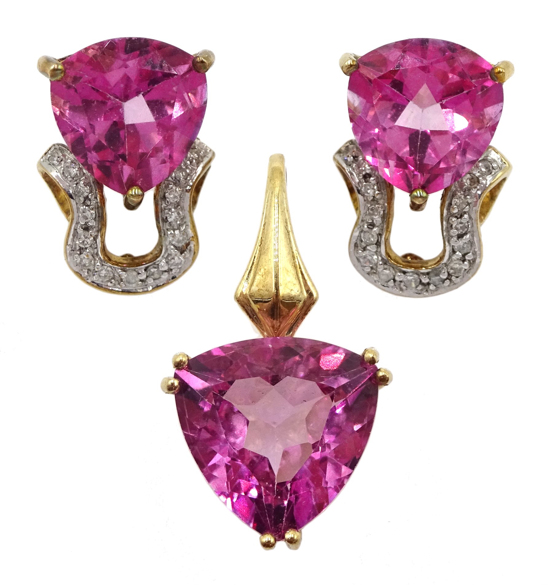Pair of gold trillion cut flamingo topaz and and diamond stud earrings and a flamingo topaz pendant, all hallmarked 9ct