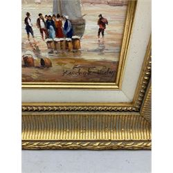 Hendrick Vader (Dutch 1928-1997): Figures and Boats on the Shoreline, oil on canvas signed 26cm x 20cm