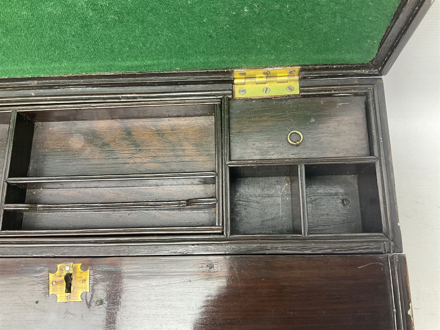 19th century mahogany writing slope, having brass capped corners, sunken twin handled, opening to reveal pull down hinged filing compartment and fitted interior, H18cm, L48, D30cm