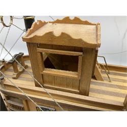 Hand built model of a river paddle steamer 'King of the Mississippi' and a sailing ship with three masts and unfurled sails, largest example H80cm, L101cm