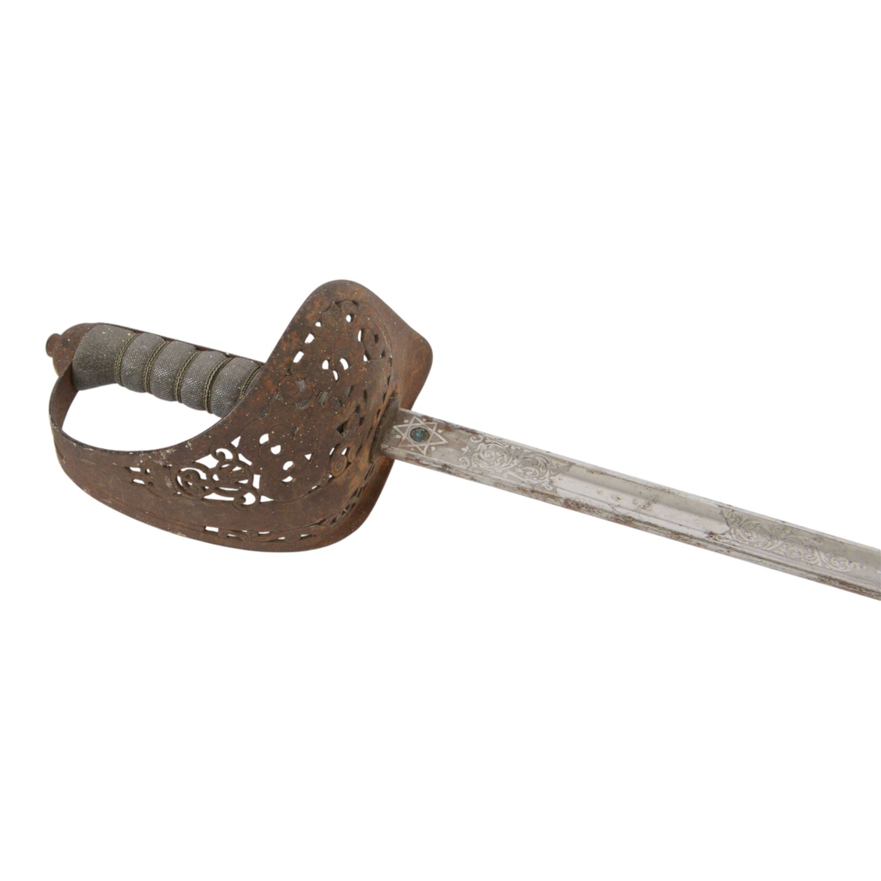 British Edward VII 1897 pattern Infantry Officer's sword, by F.W. Flight, the 82cms single edged blade etched with leaf design and Royal cypher, the hilt with pierced and cypher decorated guard around wire bound shagreen grip, within leather scabbard with frog and Sam Browne, overall L100cm