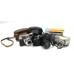 Asahi Pentax ESII camera, fitted with Asahi 'SMC Takumar 1:1.4/50' lens, Kodak Rettinette IB camera and an Olympus U zoom 115