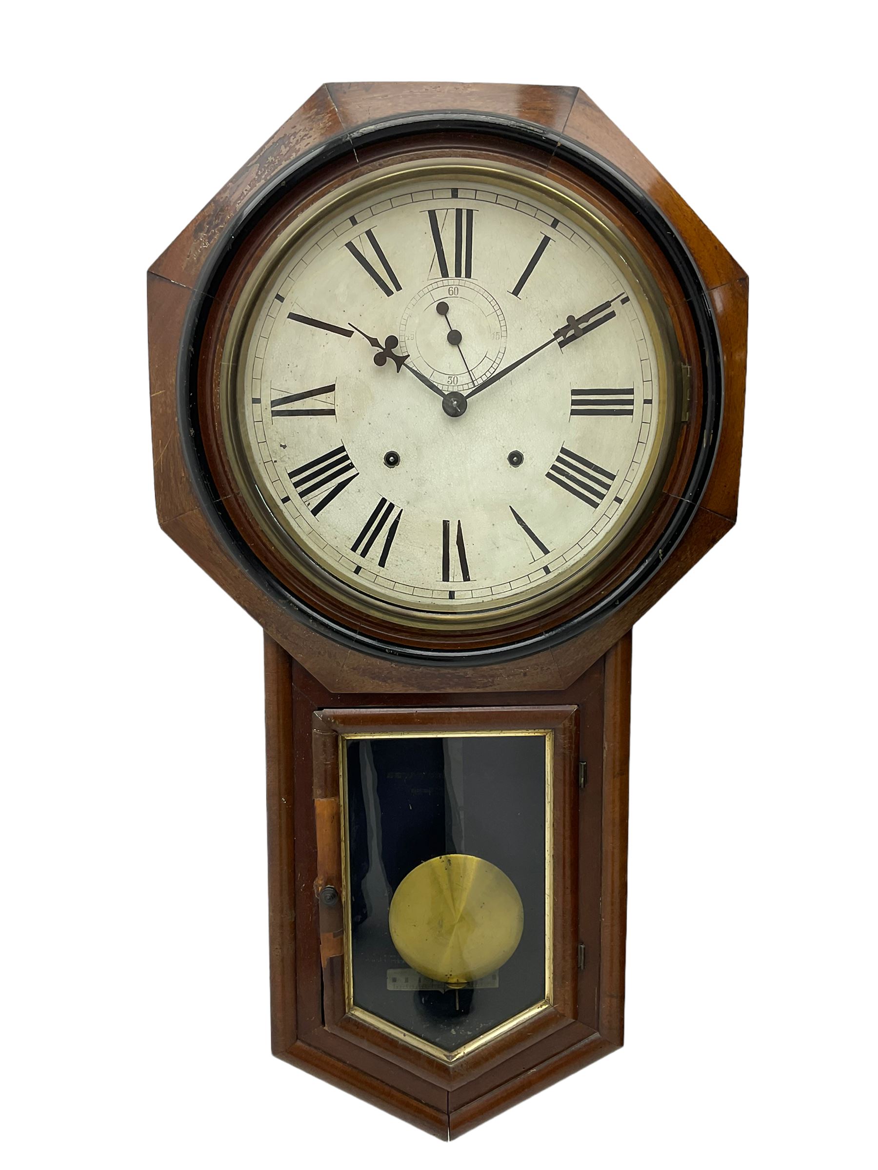 Ansonia 'Long Drop' wall clock in a mahogany and ebonised case c1900, with an octagonal wooden bezel and 12