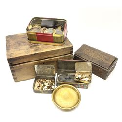 Pine box with hinged lid H16cm L30.5cm, carved wooden box with lid H18.5cm L20cm, pocket scales, a collection of weights and two tins of studs. 