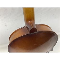 Chinese Parrot violin with 35.5cm two-piece back; L59.5cm in carrying case; and early 20th century German violin for restoration; bears label 'Antonius Stradivarius Faciebat Anno 1730'; cased with bow (2)