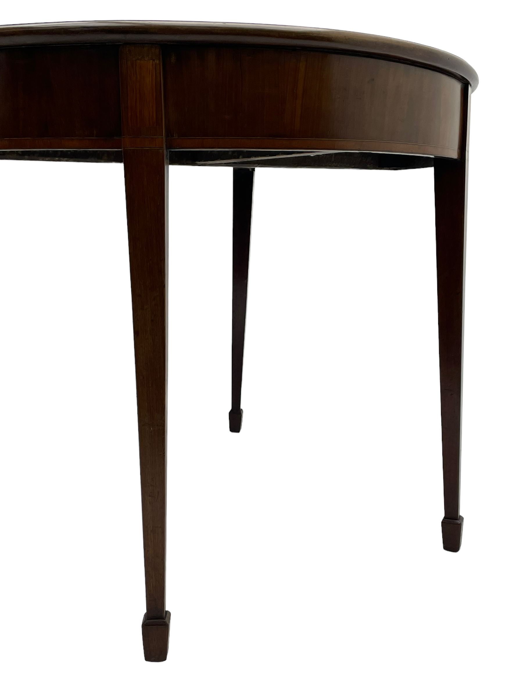 George III inlaid mahogany card table, demi-lune fold-over top with satinwood band and large fan motif, baize lined interior, double gate-leg action base, on square tapering supports with spade feet