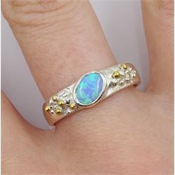 Silver blue oval opal with bead detail shoulders, stamped 925 