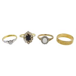 18ct gold single stone diamond ring, 14ct gold paste stone set ring, 9ct gold opal and diamond chip ring and a 9ct gold wedding band, all hallmarked or stamped