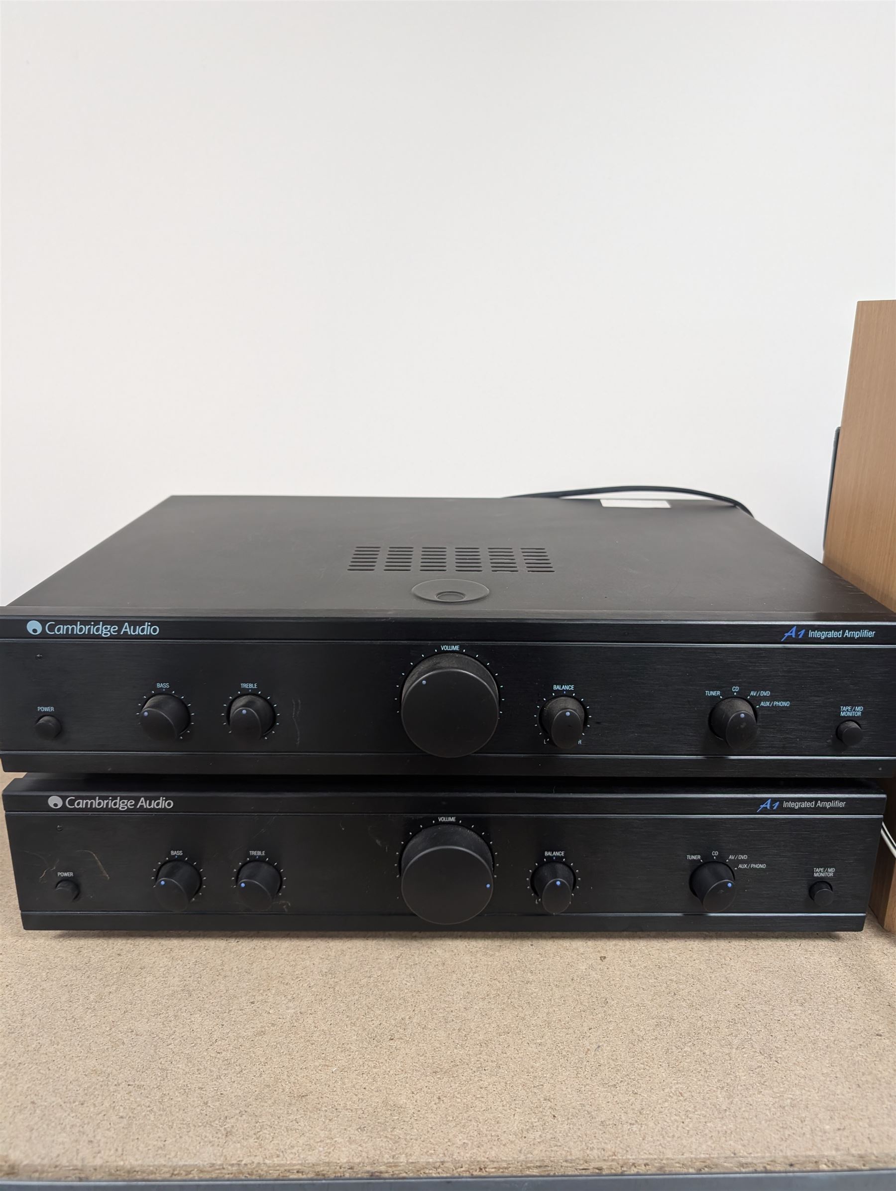 Collection of audio equipment, including Cambridge Audio Integrated Amplifier, two Panasonic speakers, ION Duodeck turntable, Denon DRM 600 tape deck, Teac P160D CD Player and a Tangent DAB radio