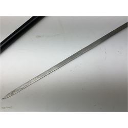 
Late 19th/early 20th century Anglo Indian ebony and bone sword stick with 62cm steel blade, brass locking ferrule and lion mask pommel L92 cm.