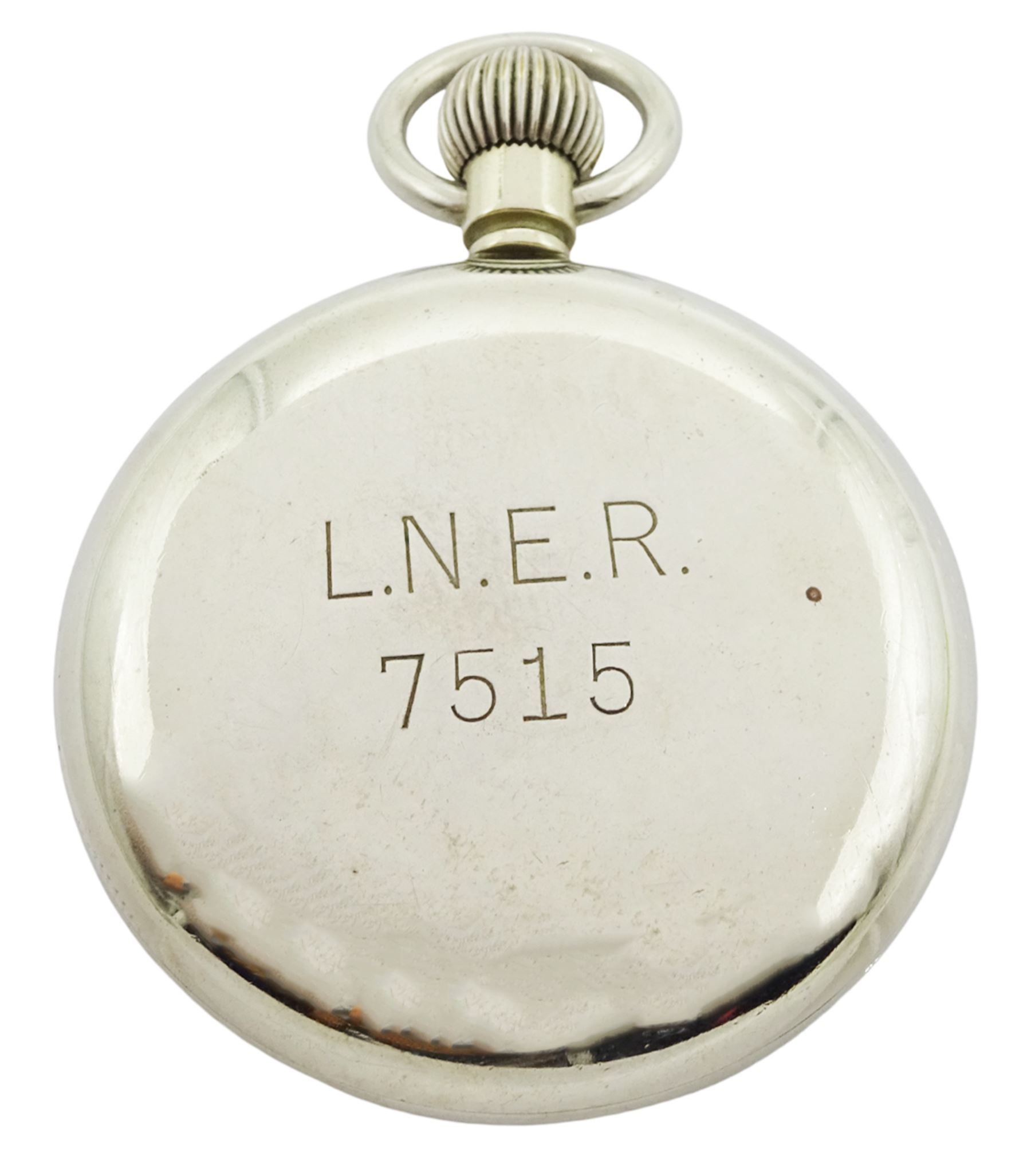 Railroad chrome open face keyless Swiss lever pocket watch, white enamel dial with Roman numerals and subsidiary seconds dial signed Limit No 2, the screw back case engraved L.N.E.R. 7515