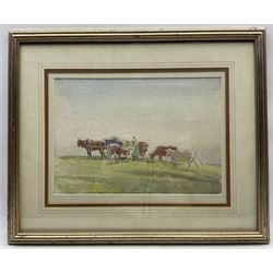 George Soper (British 1870-1942): Feeding the Cattle from the Wagon, watercolour signed with initials 25cm x 36cm
Provenance: from the Estate of George and Eileen Soper sale, Bonhams, 1992, stamped beneath mount verso.