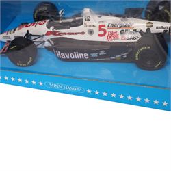 Minichamps limited edition 1:18 Vodaphone McLaren Mercedes MP4-22 L. Hamilton 1st Win - Canada GP 2007 #2 car, together with Minichamps Indy Car Collection 1:18 Lola Ford Team Newman-Haas #5 car no. 520931805, both boxed (2)