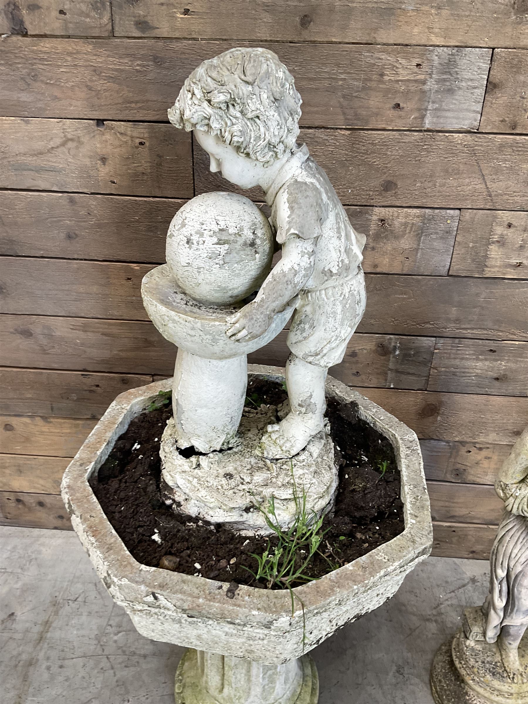 Four cast stone maiden figures, small bird bath and planter