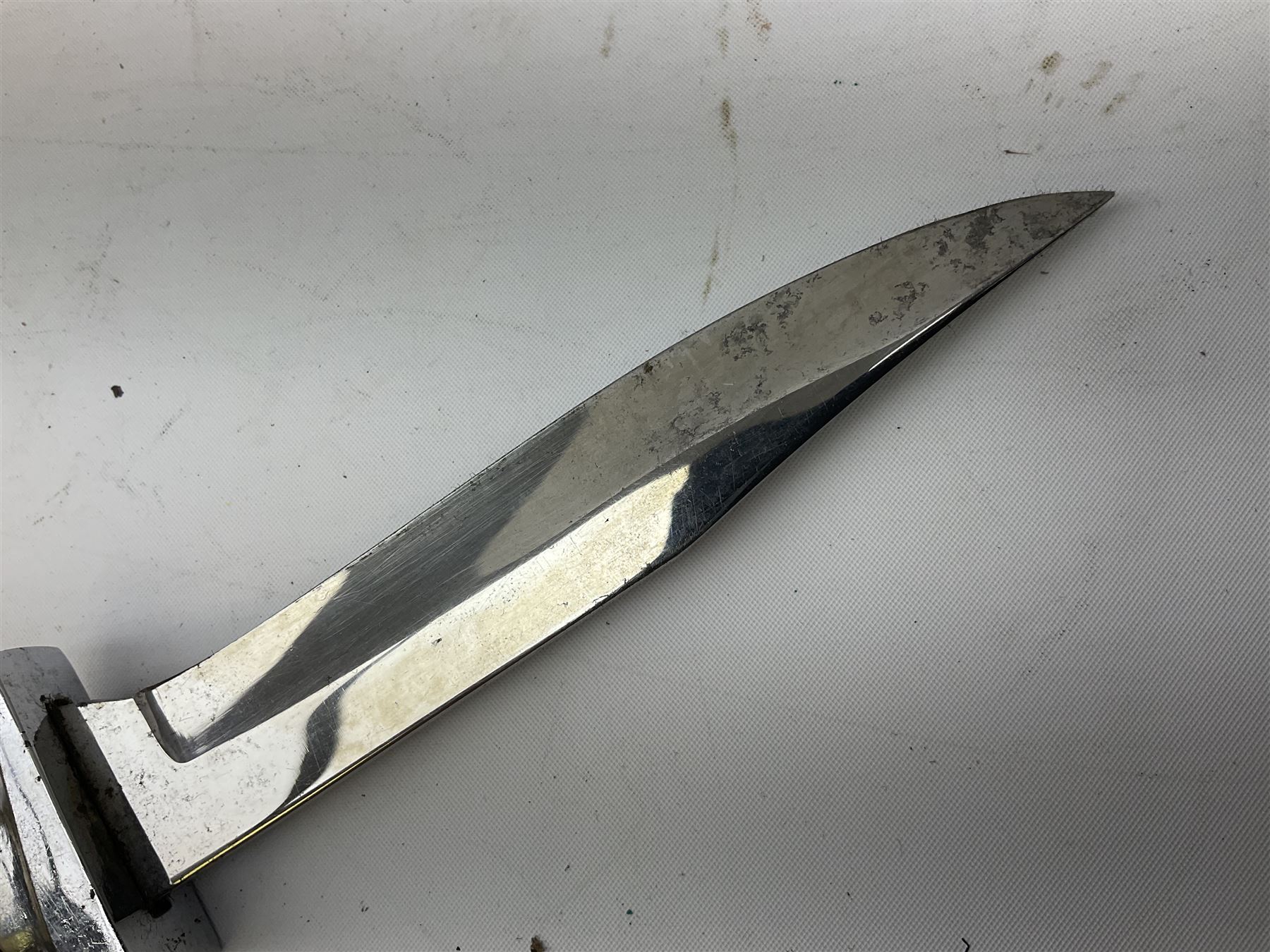 German ERN Wald-Solingen Art Deco style hunting knife with 13cm Bowie type blade and chrome fittings with antler grip; in leather sheath L24.5cm overall; and Bianchi Rastignano Aeronautica Militare combat knife with 15.5cm Bowie type saw-back blade and stacked leather grip (2)