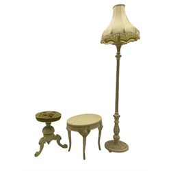 Victorian piano stool, cream paint finish with green detailing, swivel adjustable tapestry seat (mechanism is not working/damaged), a similar finish oval occasional table, and a standard lamp with fluted stem and bombe shaped shade (H186cm (total height))