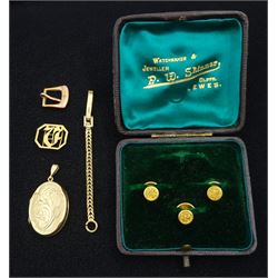 Three Edwardian gold shirt studs, boxed, gold locket pendant, two gold buckles and a gold part watch strap, all 9ct hallmarked or tested