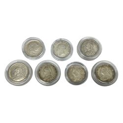 Seven silver sixpence coins, comprising George III 1816, Queen Victoria 1874, two 1887, 1888, 1893 and 1894 (7)