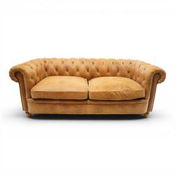 Alexander James - Chesterfield tan three seat sofa, button backed with scrolled arms, bras...