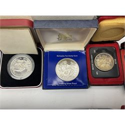 Commemorative coinage, mostly in silver, including five Queen Elizabeth II The Royal Mint sterling silver crown size coins to commemorate the Queen's Silver Jubilee in 1977, cased with certificates, Seychelles 1972 five rupees, Barbados 1974 sterling silver proof ten dollars, Republic of The Gambia 1975 sterling silver proof ten dalasis coin to celebrate the 10th anniversary of independence, Kingdom of Lesotho 1979 sterling silver proof ten maloti, two cased Canadian silver dollars dated 1971 and 1973, Canada 1993 coin set in case without certificate etc (17)