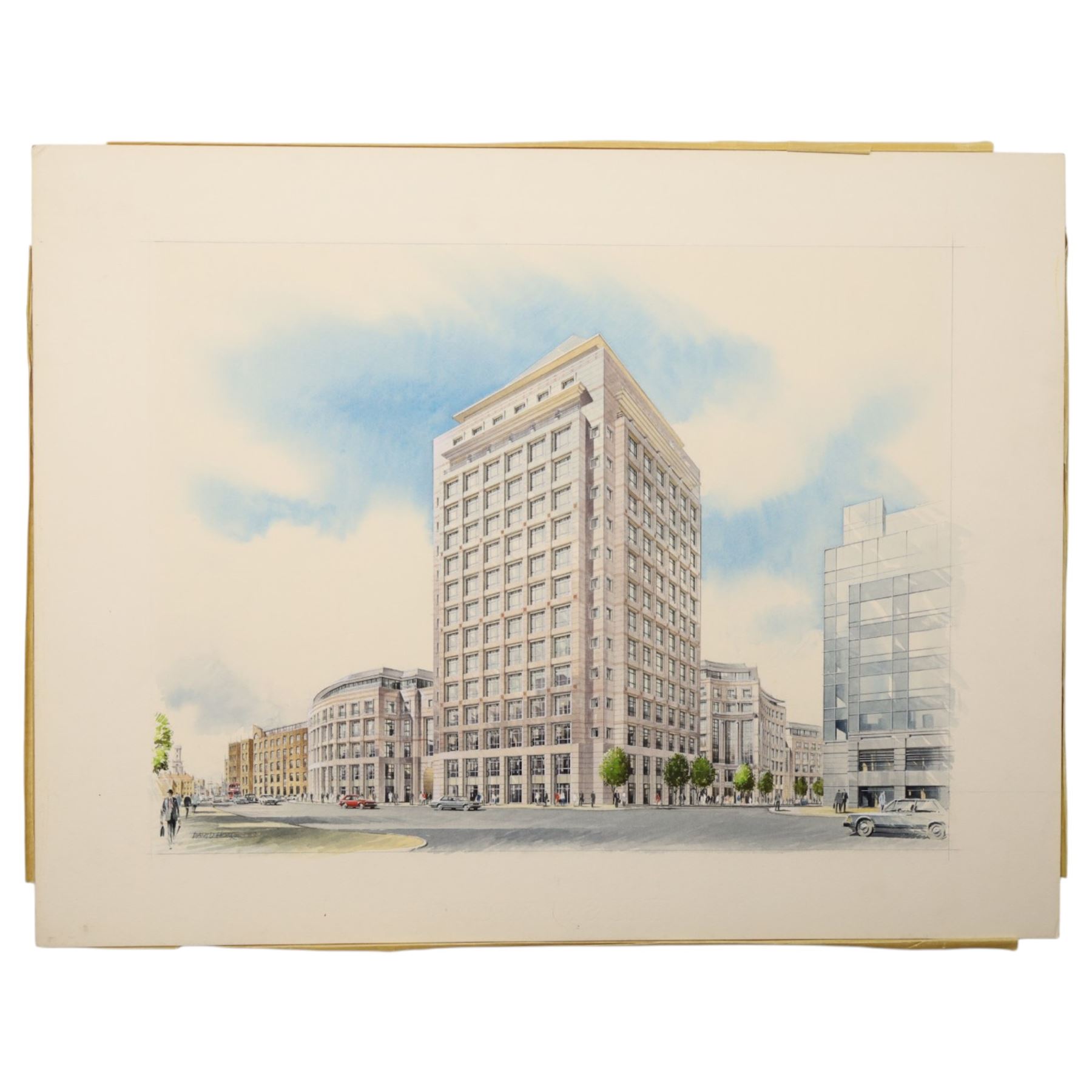 David Hoare (British 20th Century): Two architectural perspectives of Wapping - London, pair of watercolours heightened with white laid on to cardboard signed and dated '88 max 38cm x 54cm (2) (unframed)
Notes: These perspectives depict two different buildings proposed for the exact same location.