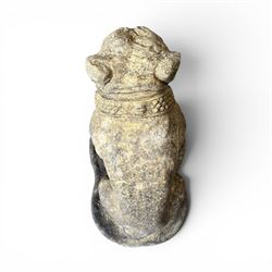 Cast stone garden statue on the form of a seated British bulldog with studded collar on a shaped rectangular base