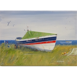  'Pilot' and Lifeboat at Sea, 20th century watercolour signed and dated 1982 by R. Carmichael 13cm x 20cm and Coble at Boulmer, oil on canvas signed by Bill Wedgwood 25cm x 35cm unframed  