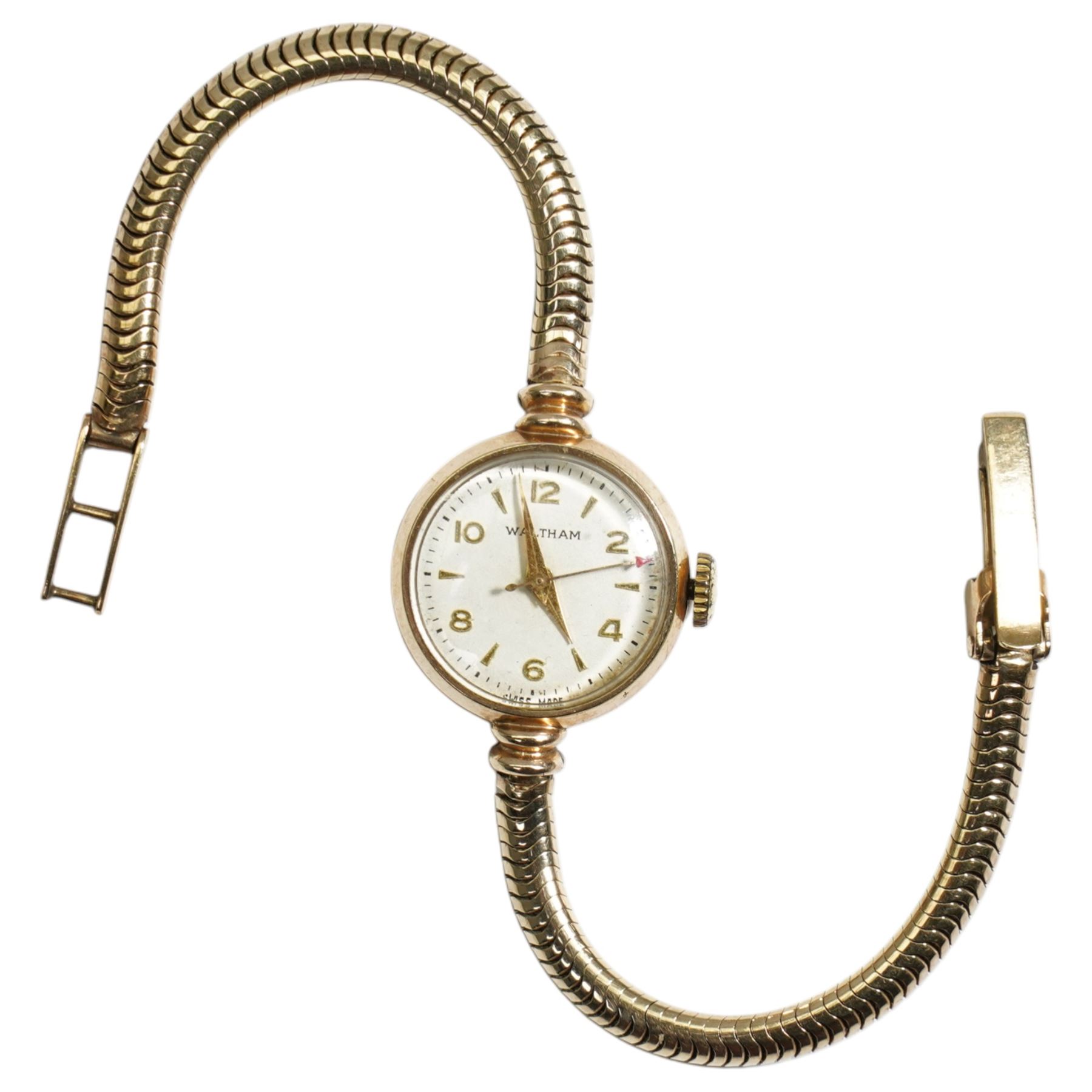 9ct gold ladies manual wind Waltham wristwatch, on 9ct gold articulated strap, with P.S Phillips & Co jewellery box 