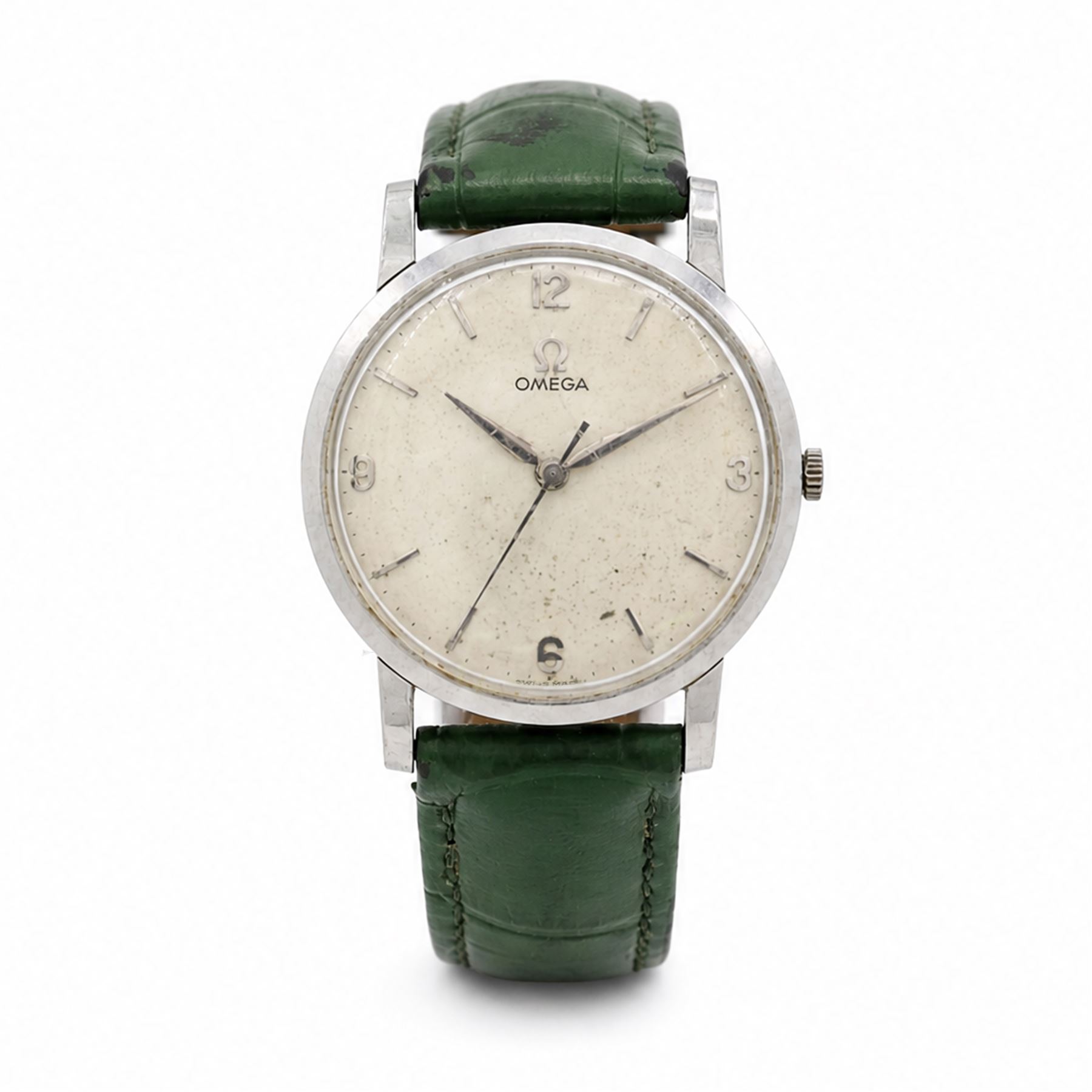 Omega gentleman's stainless steel manual wind wristwatch, silvered dial with baton and Arabic hour markers, on green leather strap