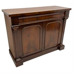 Victorian mahogany chiffonier, rectangular top over frieze drawer and double cupboard, on skirted base