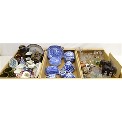  Early 19th century drinking glass, Spode Italian tea and dinnerware,  cut glass scent bottles, Danish relief decorated box, Royal Worcester moulded jug, Denby and other decorative ceramics and miscellanea in three boxes  