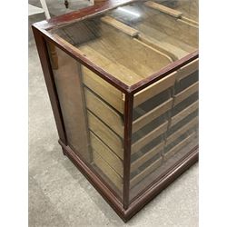 20th century mahogany and glazed haberdashery shop's display cabinet, fitted with thirty-five small drawers, on skirted base  - THIS LOT IS TO BE COLLECTED BY APPOINTMENT FROM THE OLD BUFFER DEPOT, MELBOURNE PLACE, SOWERBY, THIRSK, YO7 1QY