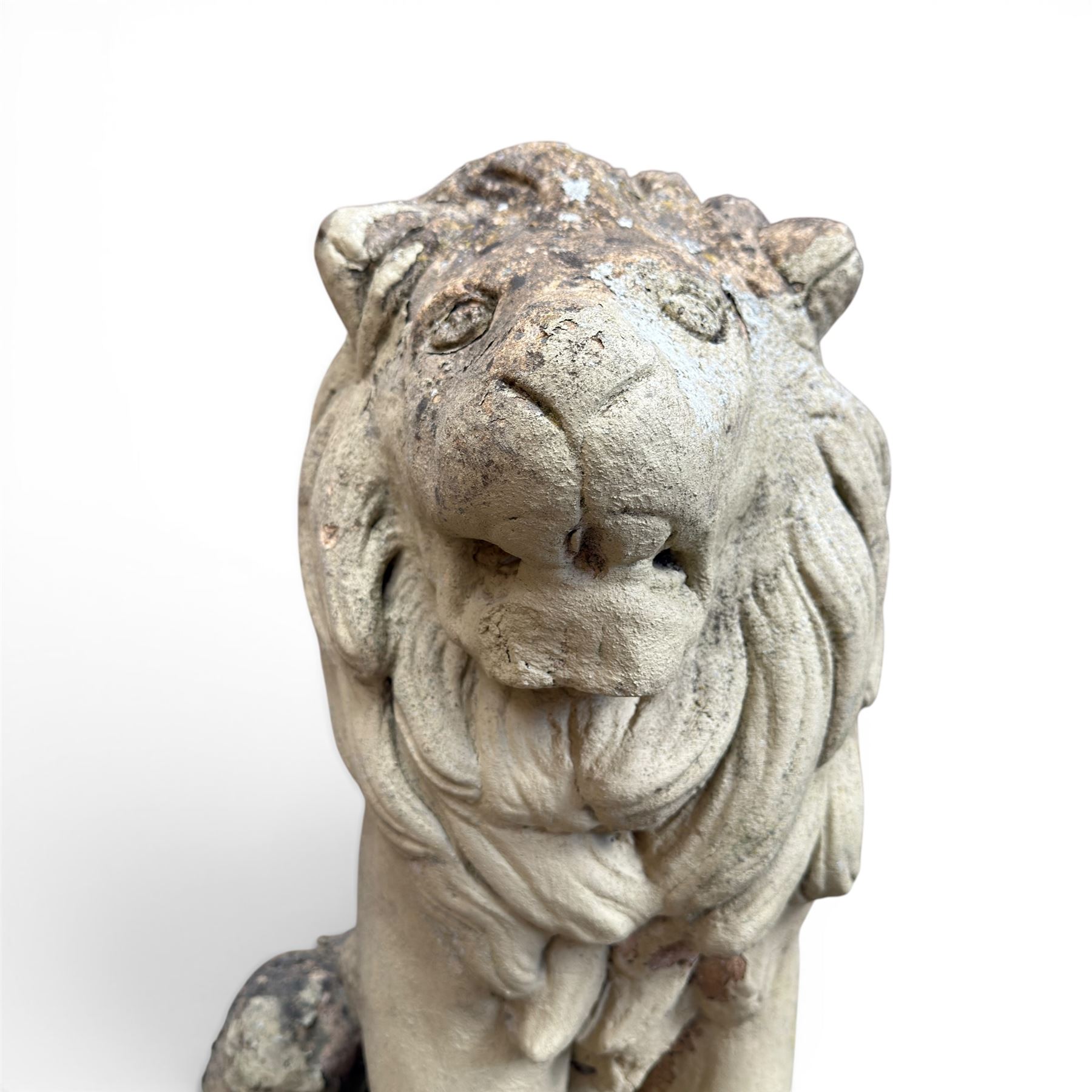 Pair of cast stone garden lions, seated on rectangular plinths