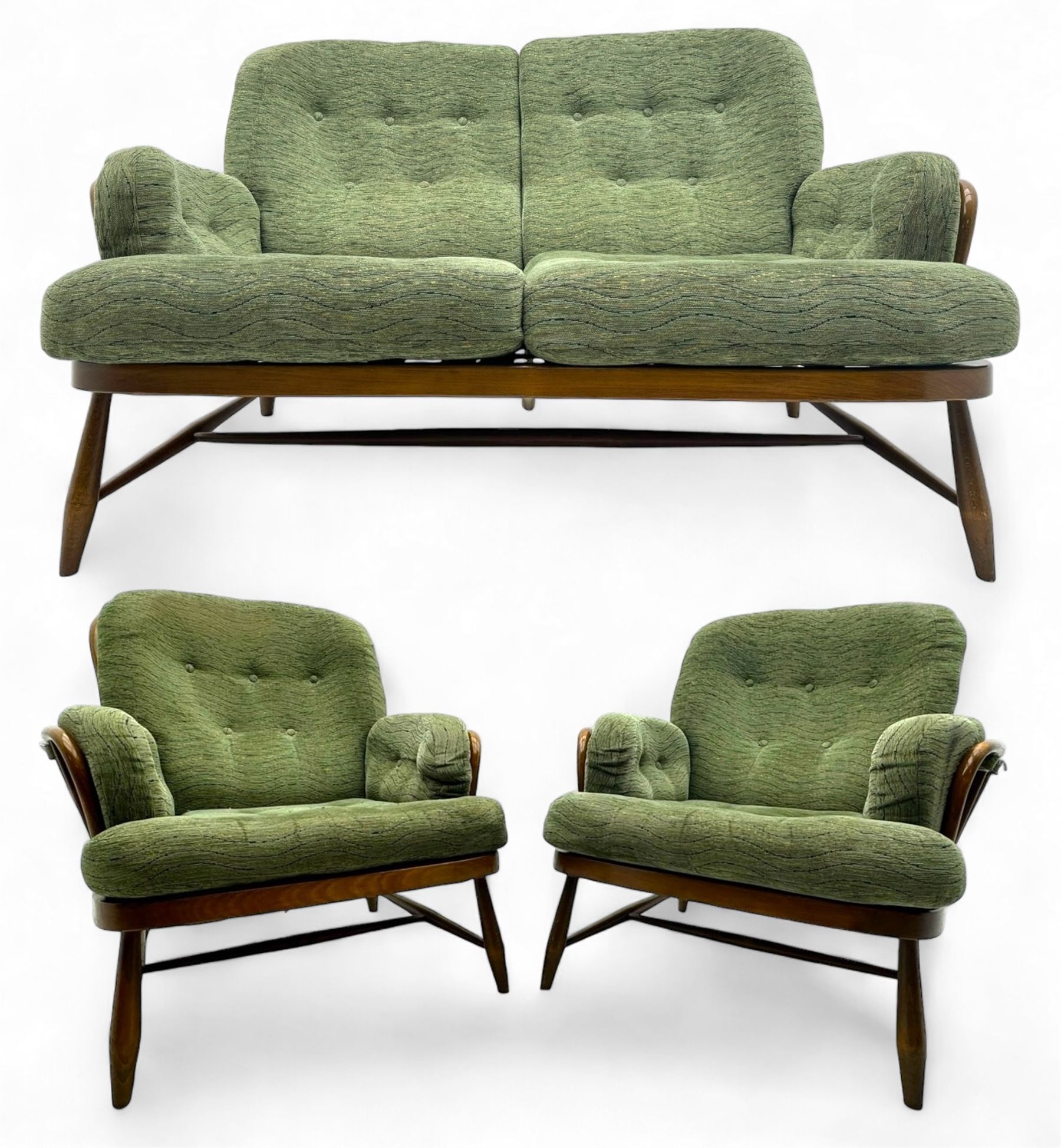 Ercol - mid-20th century three-piece suite, comprising two-seater sofa, upholstered in green fabric with teak frame, on splayed supports with stretcher (W142cm, D95cm, H87cm); with matching pair of armchairs (W82cm, D95cm, H87cm)