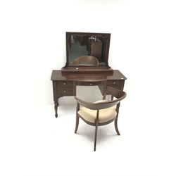  French cherry wood bow breakfront dressing table, mirror back, five drawers, turned tapering supports (W127cm, H145cm, D56cm) and matching armchair, upholstered seat, sabre supports (W68cm)   