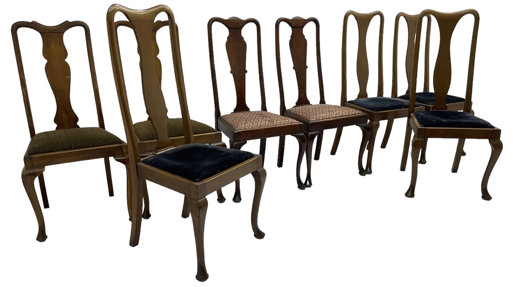 Matched set of fourteen early 20th century mahogany dining chairs, shaped cresting rail over shaped splat, upholstered drop-in seat, on cabriole front supports 