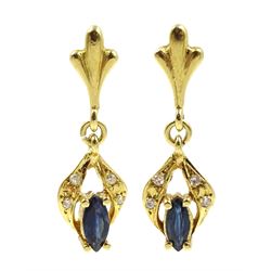 Pair of 18ct gold marquise shaped sapphire and diamond pendant stud earrings, stamped 750