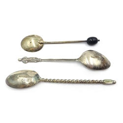  Eight silver teaspoons, twisted handle by Cooper Brothers & Sons Ltd, Sheffield 1922, six silver Apostle teaspoons approx 4.5oz and set of six coffee bean teaspoons, hallmarked   