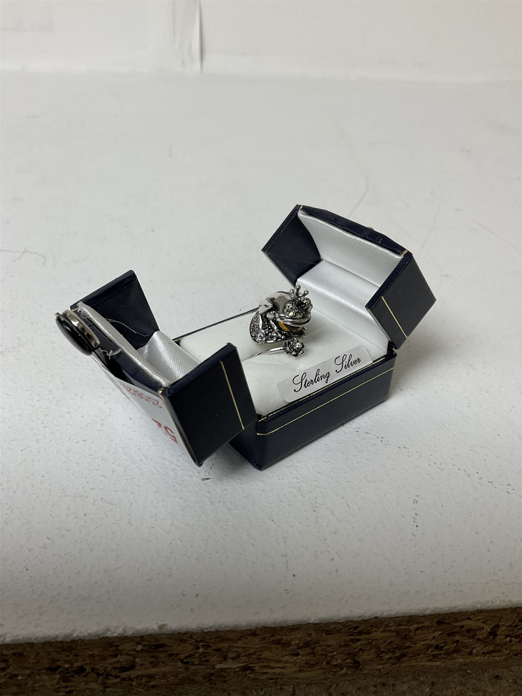 Silver Baltic amber and green stone set frog prince adjustable ring, boxed