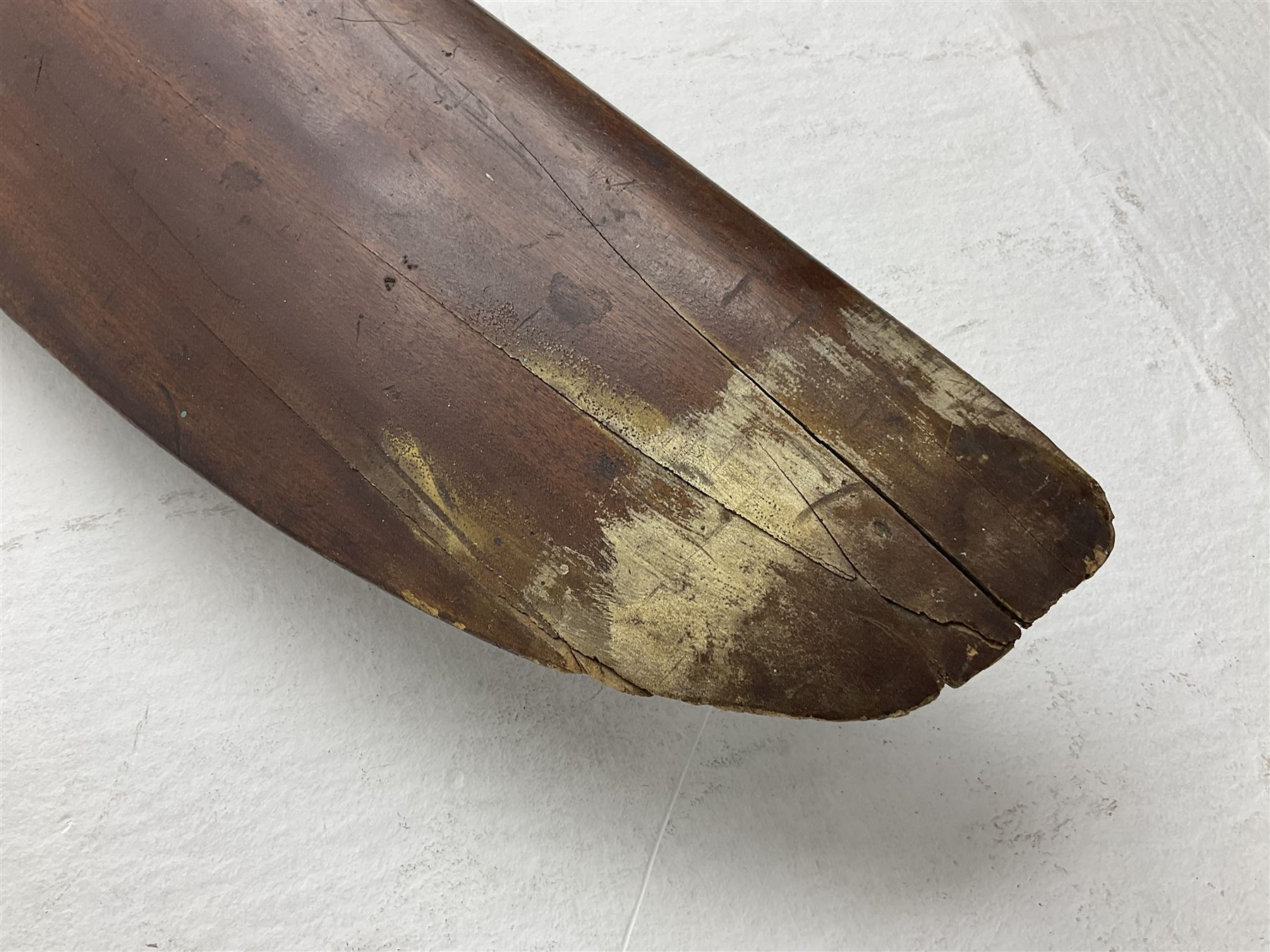 Early 20th century Avro 504 80HP Gnome laminated mahogany two-blade propeller with metal centre to the hub, stamped to the face of the hub 'AVRO Y80 80HP GNOME TYPE 504 & 504A A.I.D.29 A.I.D.32 1545' and to the sides of the hub '2744 DIA 1829 PITCH' and '1470'; traces of A.V. Roe & Co Ltd Manchester transfers to both blades L273.8cm; Auctioneer's Note: The Avro 504 was introduced in 1913 and was quickly taken up by the Royal Flying Corps as a trainer and observation machine; robust and versatile it remained in general service as a trainer until the late 1920s then widely for civilian use as a joy-rider and for stunt displays. The legendary RAF WWII ace, Douglas Bader, took instructions and would have had his first solo flight in just such a machine.
