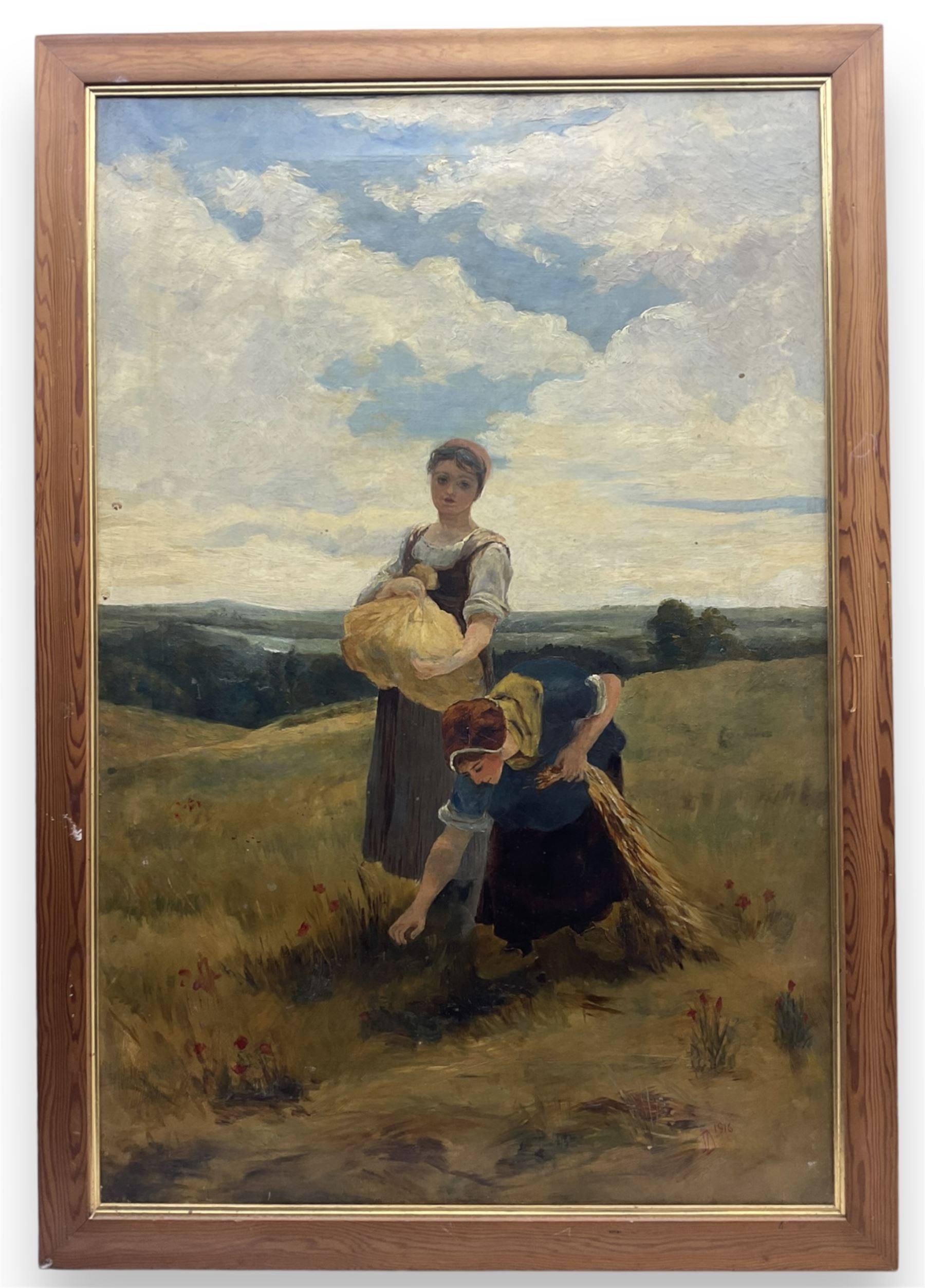 JD (British 19th Century): Ladies in the Field, oil on canvas signed with initials and dated 1916, 90cm x 59cm 