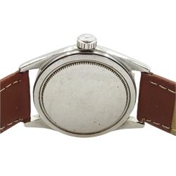Stainless steel manual wind wristwatch, with Tudor dial and Rolex Precision case, on brown leather strap and a stainless steel square faced manual wind  wristwatch with Tudor dial, on black leather strap