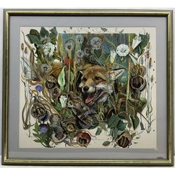 Sheila Gertrude Mackie (Northern British 1928-2010): Fox in the Undergrowth, gouache and cut-out signed with initials 68cm x 77cm