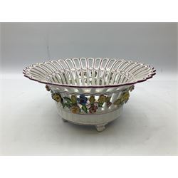 Early 20th century Dresden floral encrusted pierced bowl, centrally painted with flowers, on four tapering supports, D30cm 