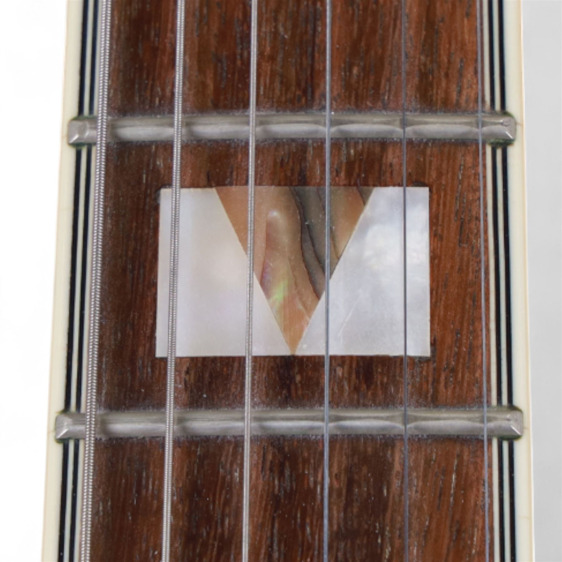 Epiphone by Gibson Sheraton semi-hollow electric guitar, serial no. S98081744 made in Korea c.1998, with natural blonde body, maple neck, fretboard with abalone and mother of pearl split block markers, with inlaid mother of pearl tree of life design and Epiphone logo to headstock, L109cm