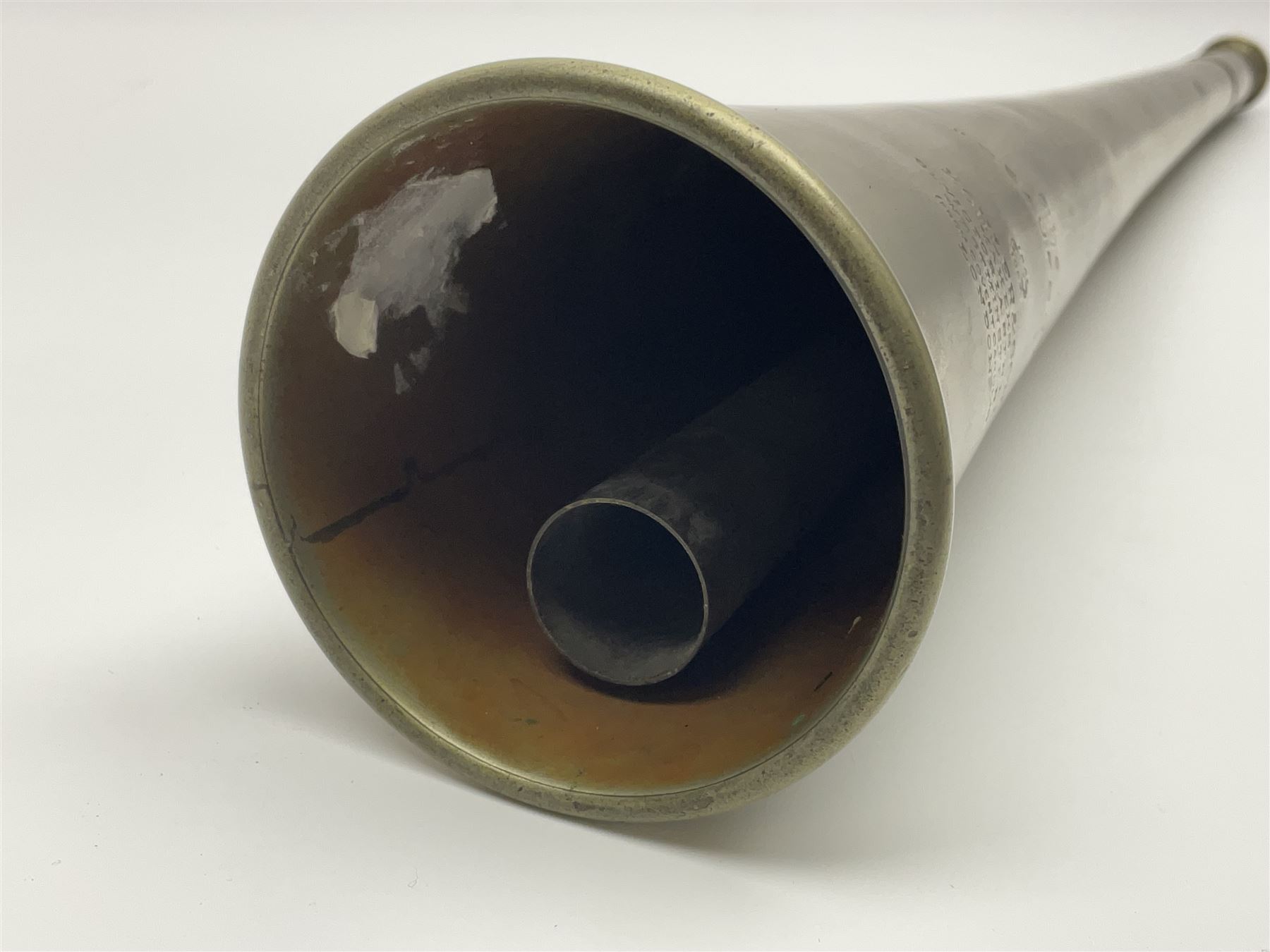 19th century telescopic hunting horn, the bell engraved 'The Beaufort', with makers mark Kohler & Son, makers, 61 Victoria Street, Westminster (from Covent garden) London, in a leather sheath, horn full extended L91cm 