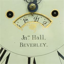 John Hall of Beverley - George III oak eight-day longcase clock, the painted arched dial with subsidiary seconds and date aperture, floral decoration, the case with pagoda top, pierced fretwork panel, brass ball finials, fluted pilasters and arched trunk door