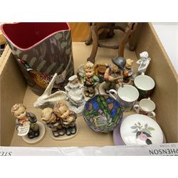 Five Goebel Hummel figures including Trumpet Boy, Max and Moritz and Soloist, Doulton Lambeth miniature tankard, Caithness Paisley Twist paperweight, Duchess Winchester tea and dinner wares and a collection of other ceramics and glassware, etc, in five boxes