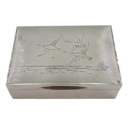 Silver table cigarette/cigar box, engine turned decoration, the lid engraved with mallards in flight by James Dixon & Sons Ltd, Birmingham 1938