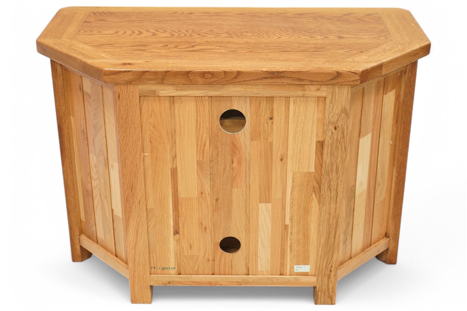 Oak corner television or media stand, fitted with adjustable shelves 